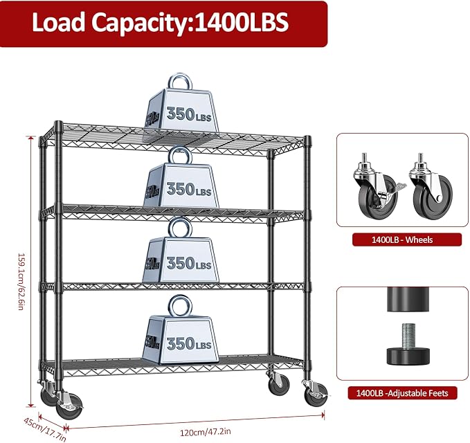 IZEUK 4-Tier Adjustable Heavy Duty Metal Storage Shelving Unit, Wide Utility Rack Organizer for Garage, Kitchen, Office, Basement, Warehouse (Black, 15.7" D x 33.5" W x 70.5" H) - Image 3