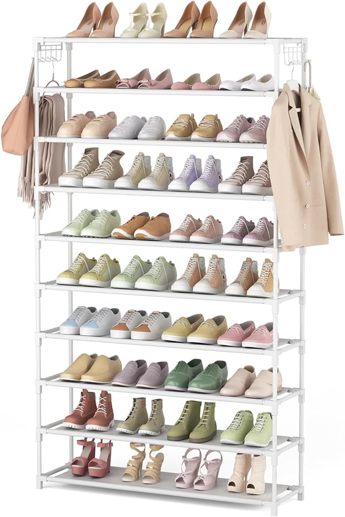 LANTEFUL 10 Tiers Shoe Rack 50 Pairs Large Capacity Tall Shoe Organizer Sturdy Shoe Storage with Two Hooks Space Saving Metal Wide Shoe Rack for Closet, Entryway, Bedroom, White by LANTEFULforTidyingHouse