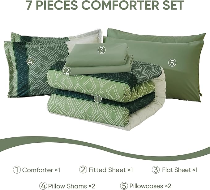 Dinjoy Green King Size Comforter Set,Striped Bed in a Bag King 7 Pieces Soft Microfiber Bedding Comforters Sets Boho Bed Complete Set for Summer All Season