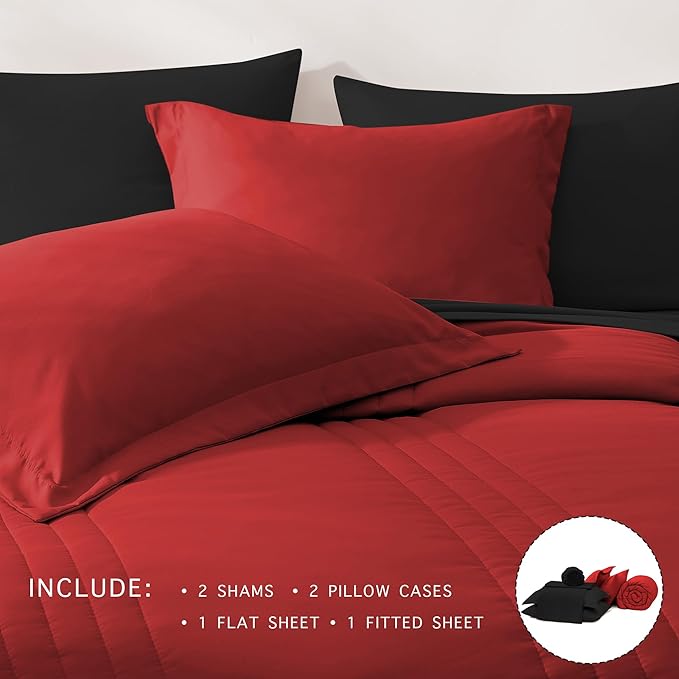 Monbix Queen Comforter Set - 7 Pieces Bright Red Bed in a Bag Queen Bedding Sets with Comforters, All Seasons Comforter Bed Set with Sheets, Pillowcases & Shams
