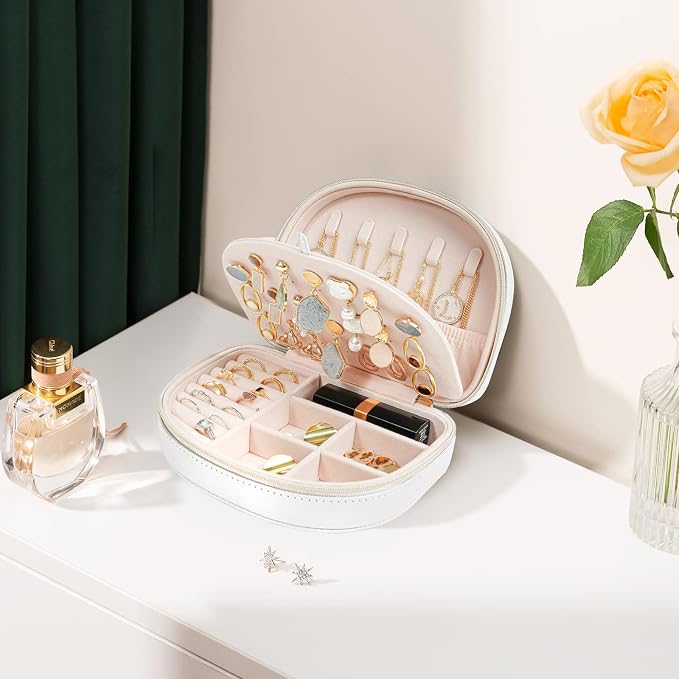 ProCase Travel Size Jewelry Box, Medium Portable Seashell-Shaped Jewelry Case, 2 Layer Mini Jewelry Organizer in PU Leather for Women -White - Image 2