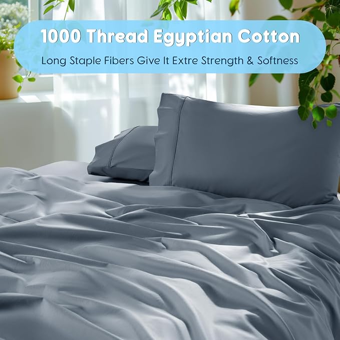 SONORO KATE 100% Egyptian Cotton Sheets Set - 1000 High Thread Count, Luxury 5-Star Hotel Sateen Bed Sheets, Soft, Breathable Long Staple Sheets, Fit up to 16" - 4 PC (French Blue,Queen)