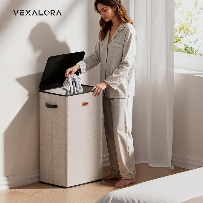 100L Laundry Hamper with Lid, Large Clothes Hampers with Removable Bag, Collapsible Laundry Basket for Bathroom, Bedroom, Laundry Room, Dorm, Beige - Image 2