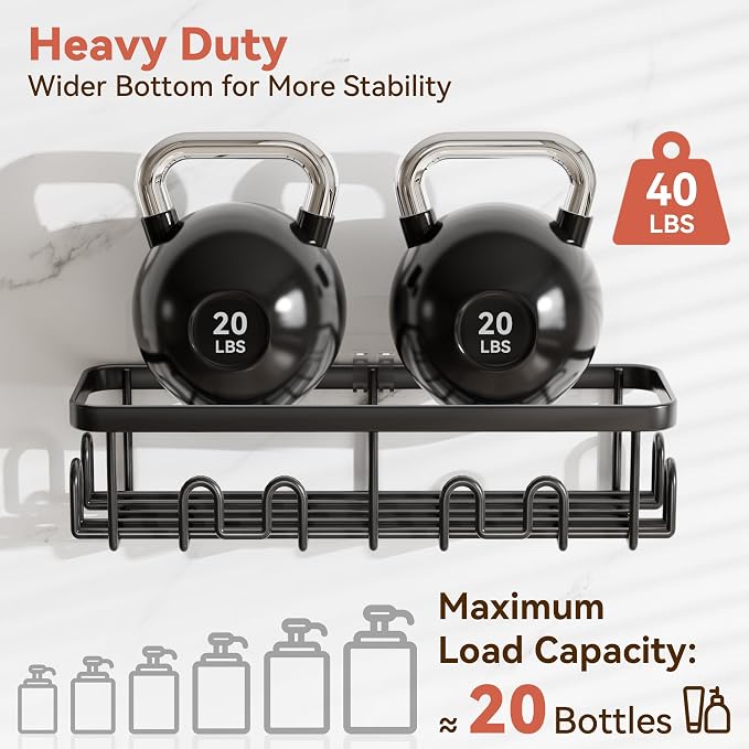 YASONIC Adhesive Shower Caddy, 2 Pack Black Shower Shelves for Inside Shower, Rustproof Shower Organizer with Soap and Toothbrush Holder, No Drilling Shower Storage for Bathroom/Kitchen - Image 3