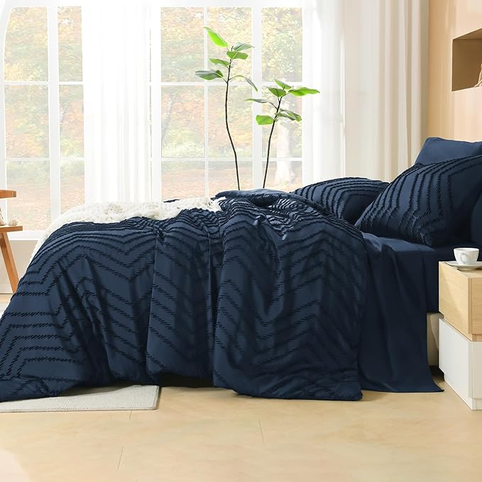 Litanika Navy Blue King Size Comforter Set with Sheets - 7 Pieces Bed in a Bag Queen Boho Tufted Complete Bedding Sets with Comforter, Sheets, Pillowcases & Shams