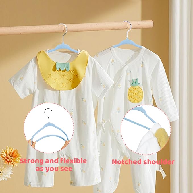 ManGotree 11" Baby Velvet Hangers, Non-Slip Infant Coat Hangers, Ultra-Thin Toddler Felt Hanger with 360° Swivel Hook, Space Saving Children's Hanger for Kids Clothes, 48 Pack (Blue) - Image 4