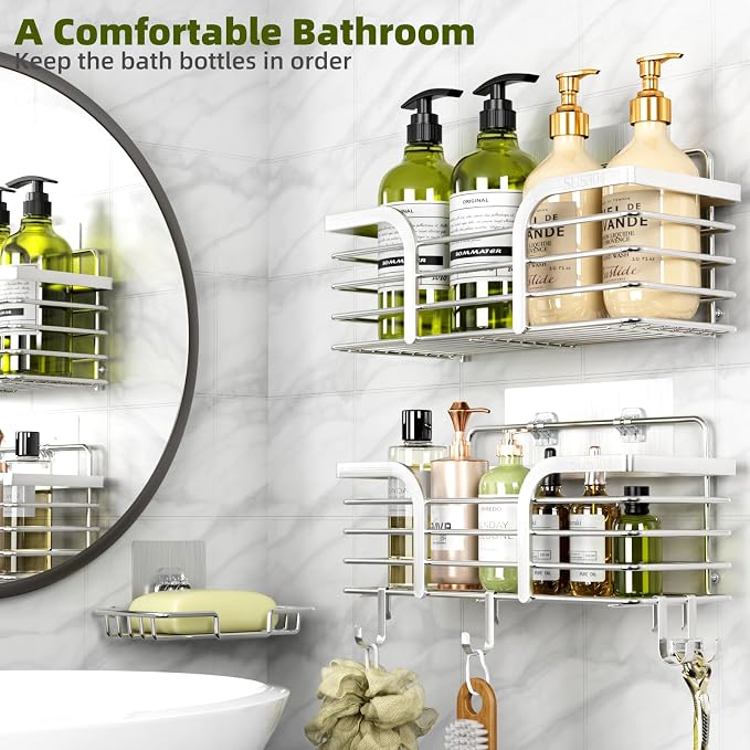 Yougai Shower Caddy, Shower Organizer with Soap Holder and Hooks, Rustproof Shower Shelves, No Drilling Bathroom Organizers and Storage, Wall-Mounted Kitchen & Home Decor (Silver) - Image 2