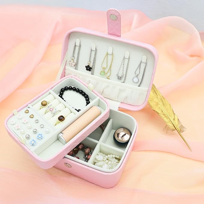 Jewelry Travel Case, 2-Layer Jewelry Box Organizer Medium Jewelry Travel Box, Portable Faux Leather Jewellery Storage Boxes with Argyle for Women, Daily Jewellery Case Home Use (Peach pink) - Image 6