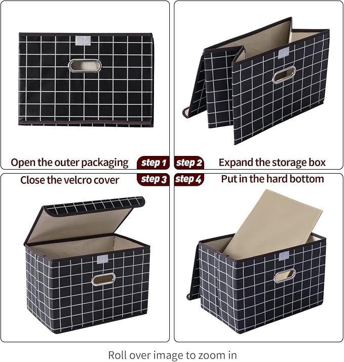 STOREONE Fabric Storage Cube Bins Foldable Organizer Container Collapsible Basket with Lids and Metal Handles, for Home, Bedroom, Closet 3 Pcs (Black grid) - Image 6
