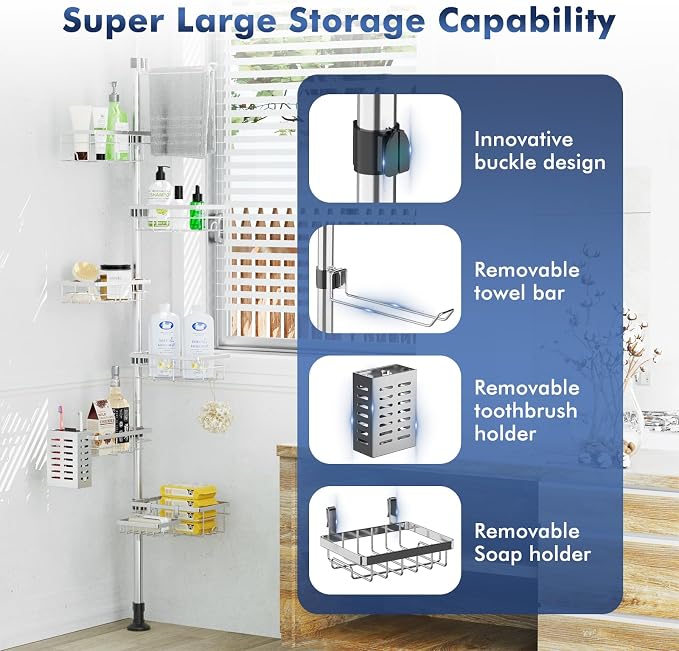 Vatex Shower Caddy Corner Tension Pole, Stainless Steel Rustproof 6 Shelves Bathroom Organizer with Towel Bar & Toothbrush Holder, Adjustable Shower Shelf for Renters - Family Stand Storage Rack - Image 2