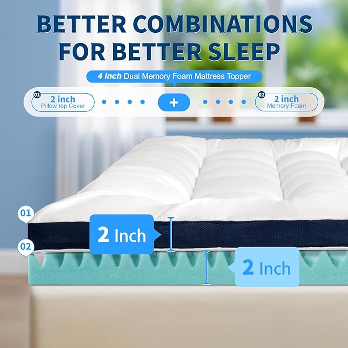 4 Inch Dual Layer Memory Foam Mattress Topper Twin Size - 2 Inch 1000GSM Soft Pillow Top Mattress Pad & 2 Inch Egg Crate Cooling Gel Memory Foam for Back Pain with 6-18" Deep Pocket(White,39"x75")