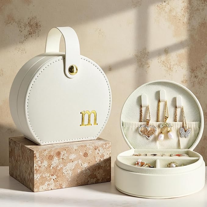 COLLECTIVE HOME - Travel Jewelry Case, Elegant Half-Moon Design with Gold Monogram, Detachable Handle, Personalized Accessory Organizer, Gift for Fashion-Forward Women and Teens (m) by COLLECTIVEHOME