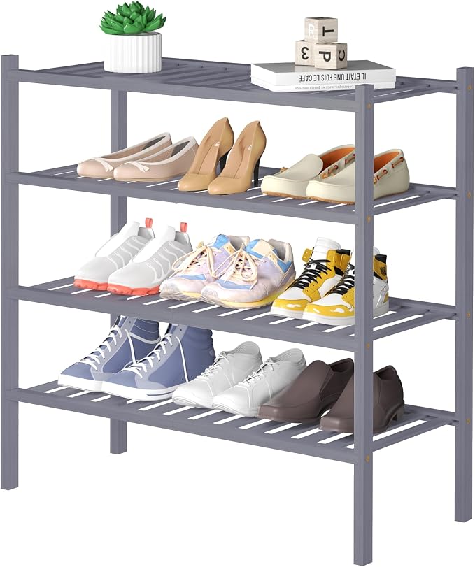 ROMGUAR CRAFT 4 Tier Bamboo Shoe Rack for Closet Free Standing Wood Shoe Shelf for Entryway Small Space Stackable 27"x11"x26" (Grey) by ROMGUAR+CRAFT