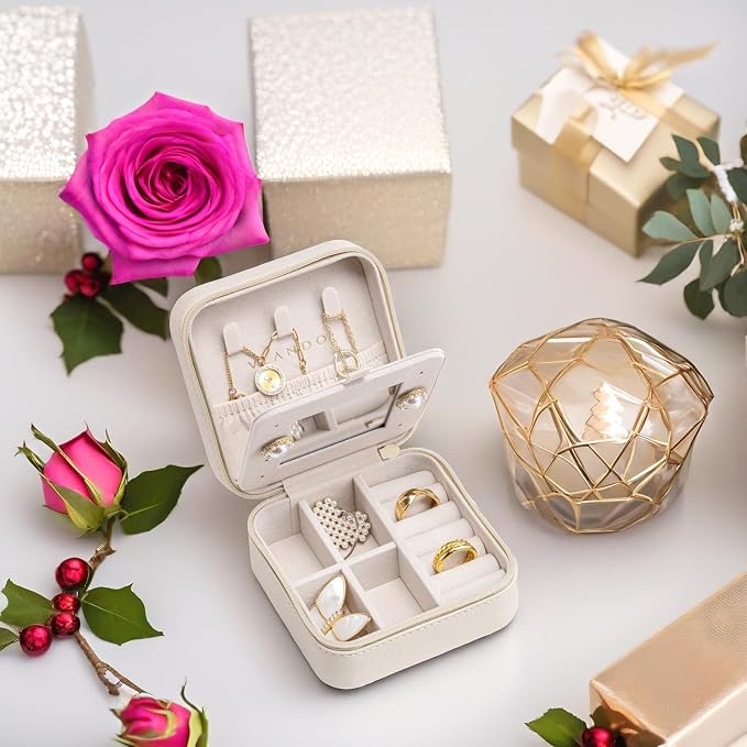 Vlando Small Travel Jewelry Box Organizer - Mirrored Carry-on Jewelries Necklaces Rings Earrings Necklace Storage Case, Beige - Image 6