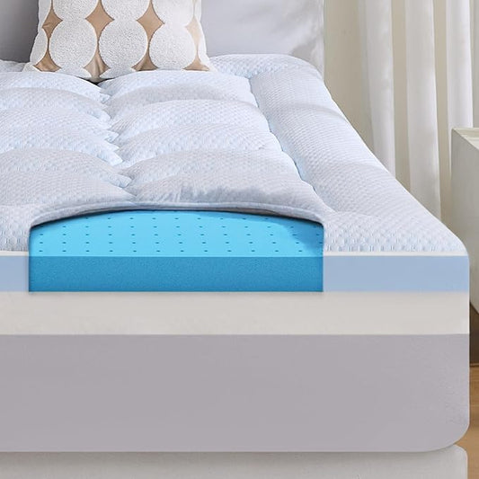 BDEUS 4 Inch Dual Layer Memory Foam Mattress Topper Queen Size, 2 Inch Gel Memory Foam, 2 Inch Cooling Pillow Top Mattress Pad Cover for Back Pain & Hot Sleeper