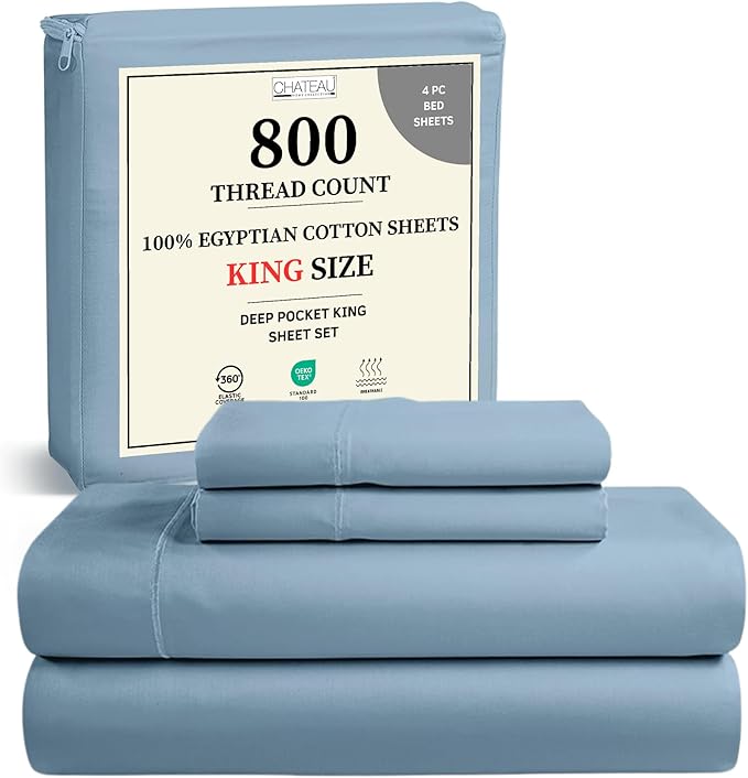 100% Egyptian Cotton Sheets For King Size Bed, 800 Thread Count Sateen Weave, 15" Deep Pocket King Sheet Set, Sheet & Pillowcase Sets, No Pill, Soft & Comfy Naturally Cool & Breathable - French Blue