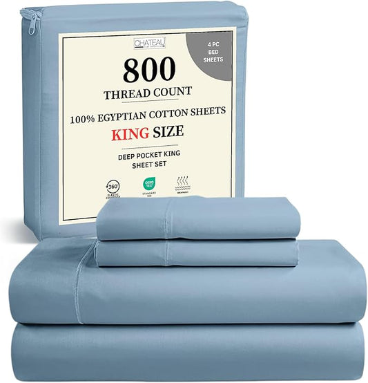 100% Egyptian Cotton Sheets For King Size Bed, 800 Thread Count Sateen Weave, 15" Deep Pocket King Sheet Set, Sheet & Pillowcase Sets, No Pill, Soft & Comfy Naturally Cool & Breathable - French Blue