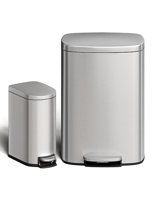 Garvee 13 gal (50 L) and 2.6 gal (10 L) Stainless Steel Trash Can Combo Set, Rustproof Garbage Can with Lid for Kitchen and Bathroom, Step-on Trash Bin with Inner Bucket, Rear Handle, Silver by Garvee