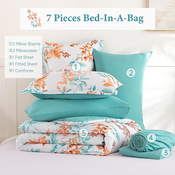 King Comforter Set- 7 Pieces Floral Comforter Bed in A Bag,Coral Botanical Comforter Set with Pillowcases,Soft Microfiber Complete Bedding Sets for All Season