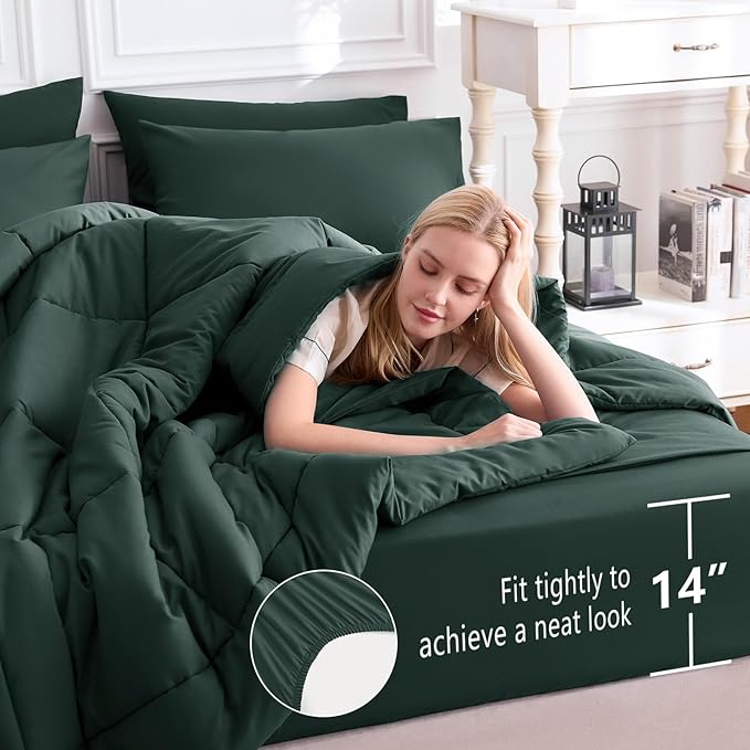 CozyLux King Size Comforter Set Forest Green, 7 Pieces Bed in a Bag, Green Comforter King Size, All Season Bedding Sets with Stitch Quilted Comforter, Flat Sheet, Fitted Sheet, Pillowcases