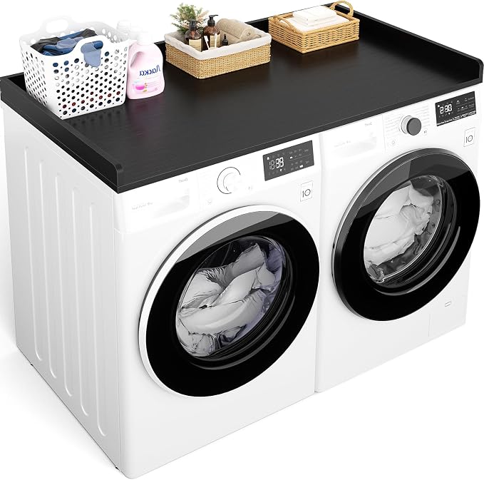 Aheaplus Washer and Dryer Countertop, Laundry Room Organization with Non-Slip Pads, Wood Shelf Topper with Round Corner Edge Rails, Folding Organizer for Laundry, 54" W x 27.5" D, Black by Aheaplus