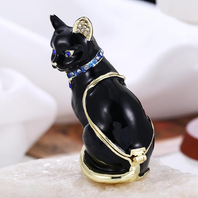 Hand Painted Animal Trinket Box for Home Decor, Hinged Jewelry Organizer Storage, Unique Personalized Collectible Keepsake Figurine Handmade Decorative Ornament Gifts (Black Cat) - Image 5