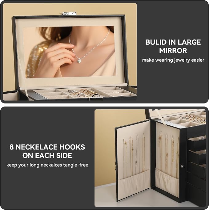 Frebeauty Large Jewelry Box,6-Tier PU Leather Jewelry Organizer,Multi-functional Storage Case with Mirror,Accessories Holder with 5 Drawers for Necklace Bracelets Watches(Black) - Image 5
