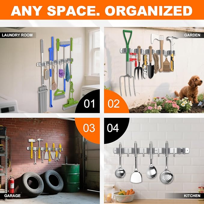 Broom Holder Wall Mount, Mop and Broom Organizer Broom Hanger Storage Tool Utility Racks Stainless Steel Wall Hooks Solid Mop Rack for Home Kitchen Garden Laundry Garage (5 Racks 4 Hooks) - Image 7