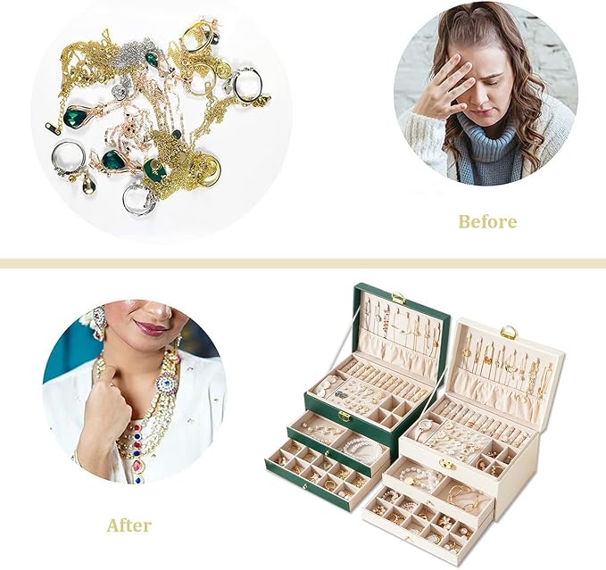 GUOER Jewelry Box for Women Girl Wife 3 Layers Large PU Leather Jewelry Organizer Storage Case with Two Layers Display for Earrings Bracelets Rings Watches (Green) - Image 3
