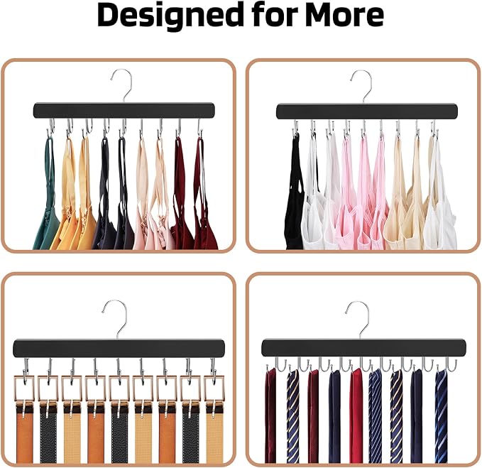NECAMOCU 2 Pack Bra Hanger for Closet Organizer, Premium Wooden Tank Top Hangers with 36 Foldable Hooks, 360° Rotating Design, Space Saving Storage for Tank Tops, Bras, Scarves and More, Black - Image 7