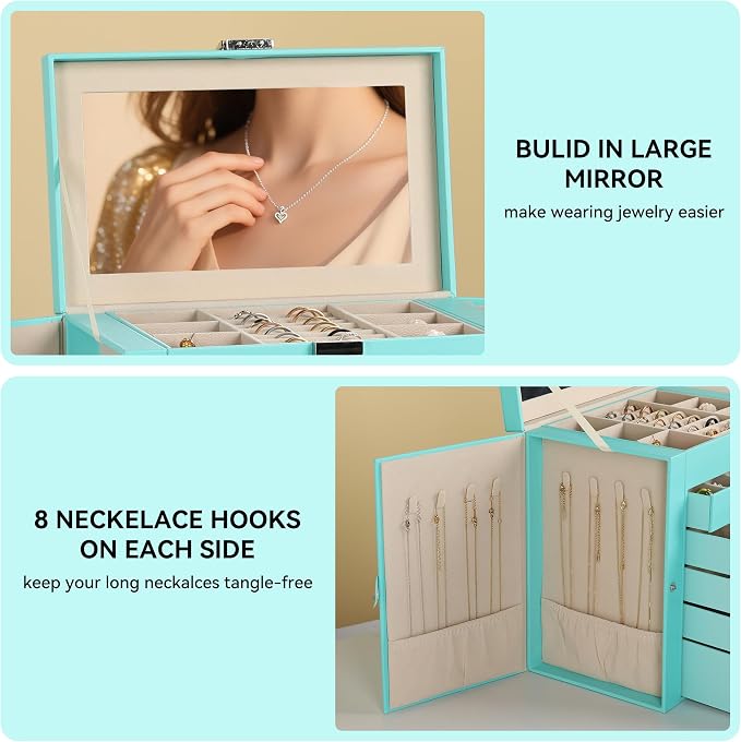 Frebeauty Large Jewelry Box,6-Tier PU Leather Jewelry Organizer,Multi-functional Storage Case with Mirror,Accessories Holder with 5 Drawers for Necklace Bracelets Watches(Turquoise) - Image 5