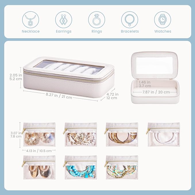 Lolalet 8 in 1 Travel Jewelry Case with Velvet Pouches, Clear Window Travel Jewelry Organizer Bags for Earrings, Bracelets, Necklaces and Rings, Compact Jewelry Storage for Women Girls -Beige, 7PCS - Image 6