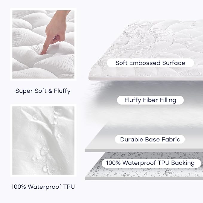 SLEEP ZONE Waterproof Mattress Pad California King, Breathable Mattress Topper Quilted Fitted Cover Protector with Deep Pockets fits 8-21 inch, White