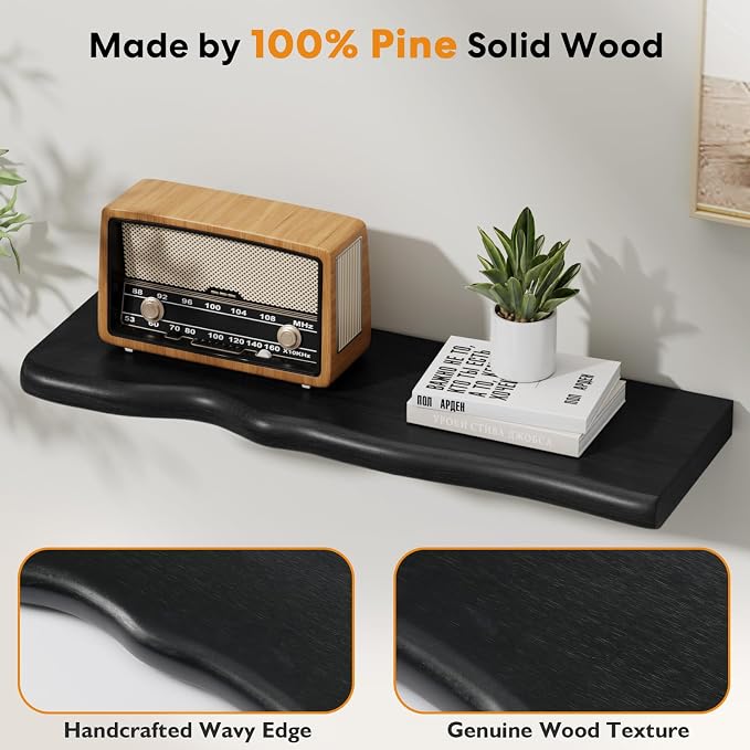Floating Shelves for Wall Rustic Farmhouse 24 Inch Floating Shelf Bathroom Wooden Shelves for Wall Mounted Live Edge Pine Shelf with Unique Natural Grain for Living Room Bedroom Kitchen (Black) - Image 4
