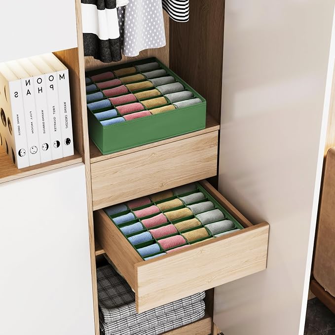 Joyoldelf Sock Drawer Organizer Divider 2 Packs Underwear Organizer, 24 Cell Closet Organizers and Storage Organizer Sock Holders Organizers for Storing Socks, Handkerchiefs, Ties, Belts (Green) - Image 3