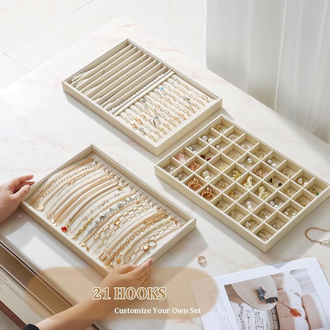 Large Velvet Jewelry Tray 2 Pack Stackable Jewelry Display Drawer Inserts Trays Organizer for Earring Bracelet Necklace Ring (Beige, 20 Hooks) - Image 5