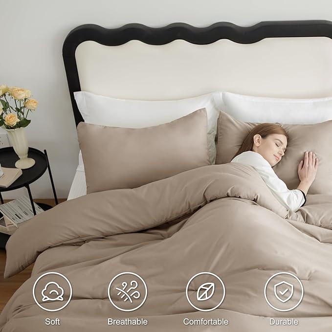 CozyLux Full Size Comforter Set Khaki, 3 Pieces Solid Breathable Quilted Bedding Sets, Luxury Lightweight Soft Bed Set with Down Alternative Comforter and 2 Pillowcases for All Seasons