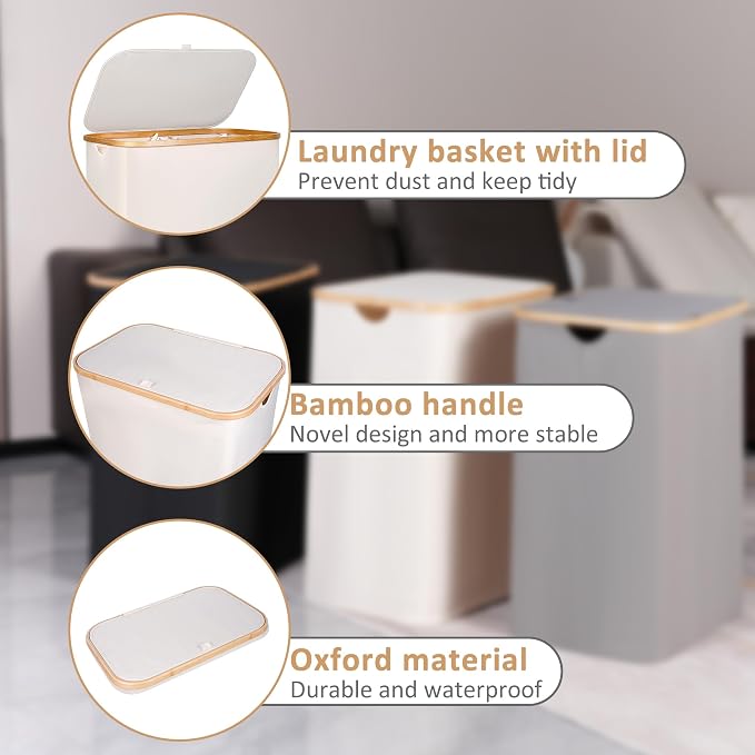 iEGrow 150L Laundry Basket with Lid, Large Laundry Hamper with Bamboo Handle, Collapsible Dirty Clothes Hamper Organizer with 2 Removable Inner Bags for Clothes Toys Towels - Beige - Image 4