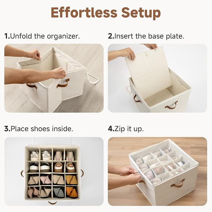 StorageWorks 2 Pack Shoe Organizer for Closet, Foldable Shoe Storage Box with Adjustable Dividers, Fabric Shoes Container, Stackable Storage Bins for Boots, Sneakers, Fits up to 16-32 Pairs, Beige - Image 6