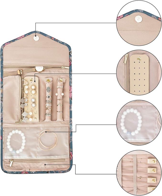 BAGSMART Travel Jewellery Organiser Roll Foldable Jewelry Case for Journey-Rings, Necklaces, Bracelets, Earrings, Flower Bird - Image 7
