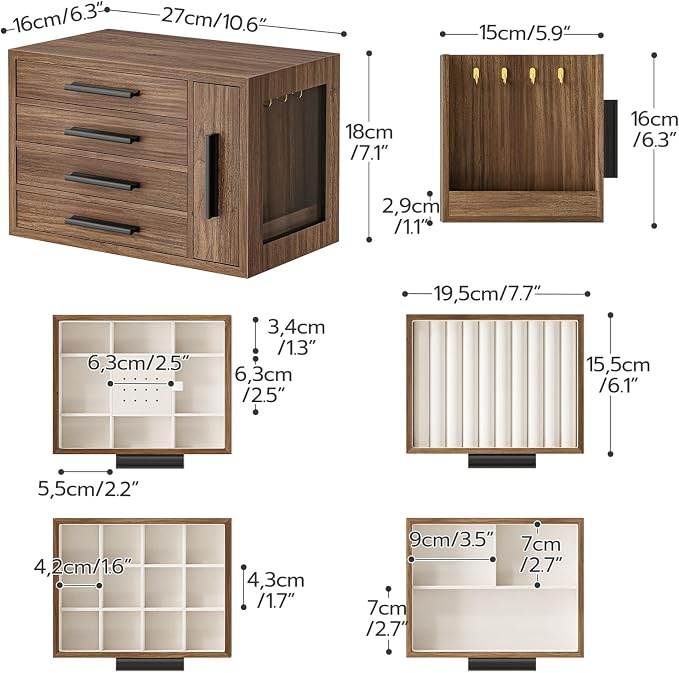 HOOBRO Jewelry Box for Women, Wooden Jewelry Organizer with Transparent Window, 4-Layer Jewelry Organizer Box, Jewelry Holder Organizer for Earrings, Necklaces, Rings, Walnut and Black BH09JB04 - Image 9