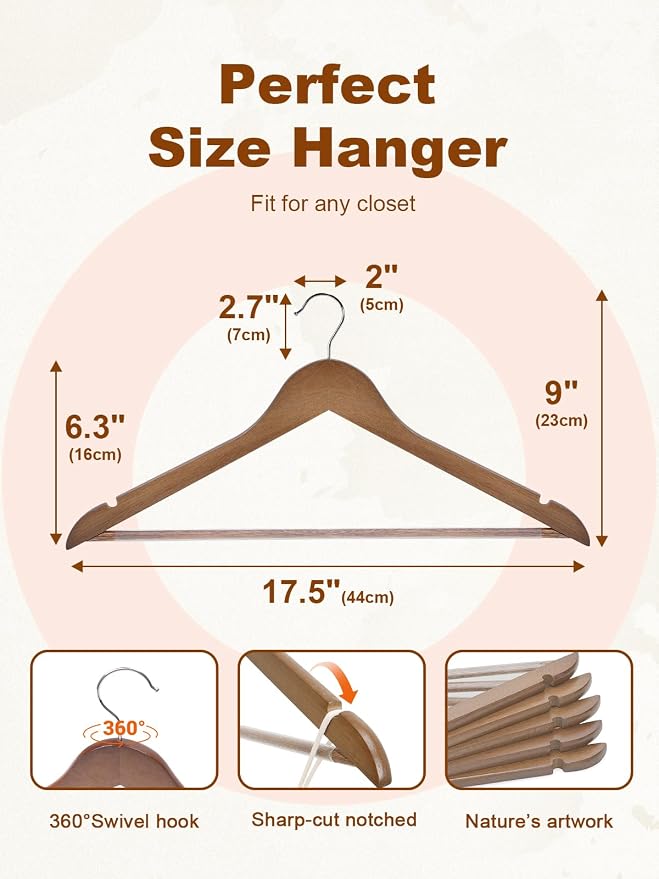 HOUSE DAY Walnut Wooden Hangers 30 Pack, Heavy Duty Wooden Coat Hanger for Closet, Solid Wood Hanger with Non Slip Pant Bar, Smooth Finish Wood Clothes Hangers for Shirts, Suits Jackets, Dress - Image 8