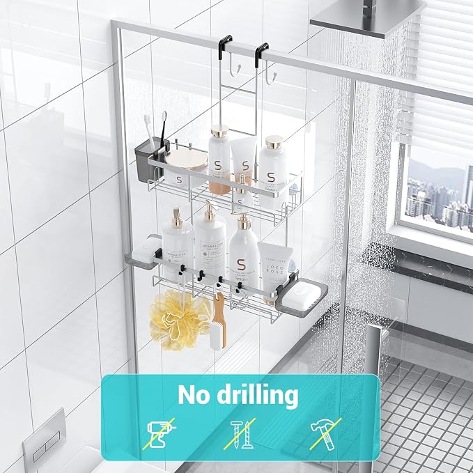 Aitatty Over the Door Hanging Shower Caddy: Rustproof Hanging Organizer over the Door - No Drilling Bathroom Rack for Inside Shower Chrome - Image 5