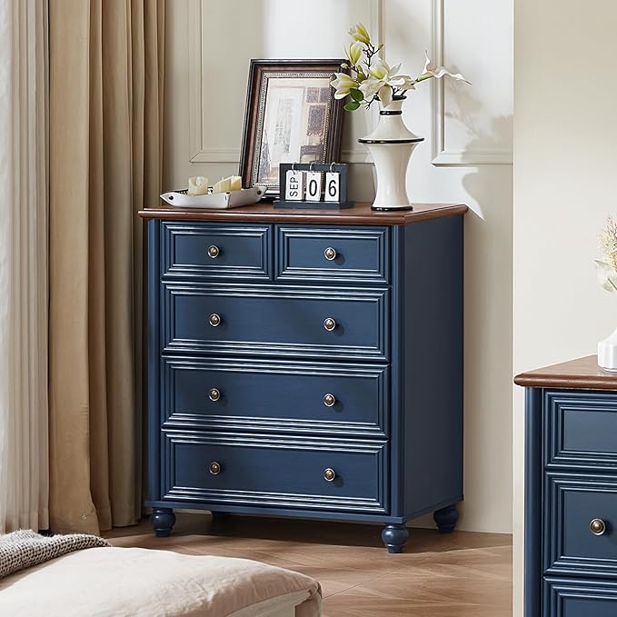 RWYHG Farmhouse 5 Drawer Dresser Set of 2, Blue Rustic Chest of Drawers, 35.5" Tall Small Dressers for Bedroom with Roman Column and Metal Handles,Wood Storage Organizer for Living Room,Hallway,Closet