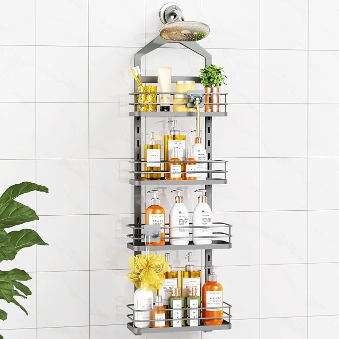 ODesign 4 Tier Height-Adjustable Shower Caddy Hanging Anti-Swing-Over The Shower Head Caddy-Showers Storage Organizer Bathroom Shelves Basket Showers Caddies-Grey by ODesign
