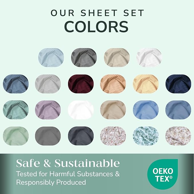 Feather & Stitch 500 TC California King Size Bed Sheet Set, 100% Cotton Soft Breathable Bedsheets, 4 Piece 18" Deep Pockets Sateen Weave Striped Bedding Mattress Resort Hotel Luxury- (Beige Stripe)
