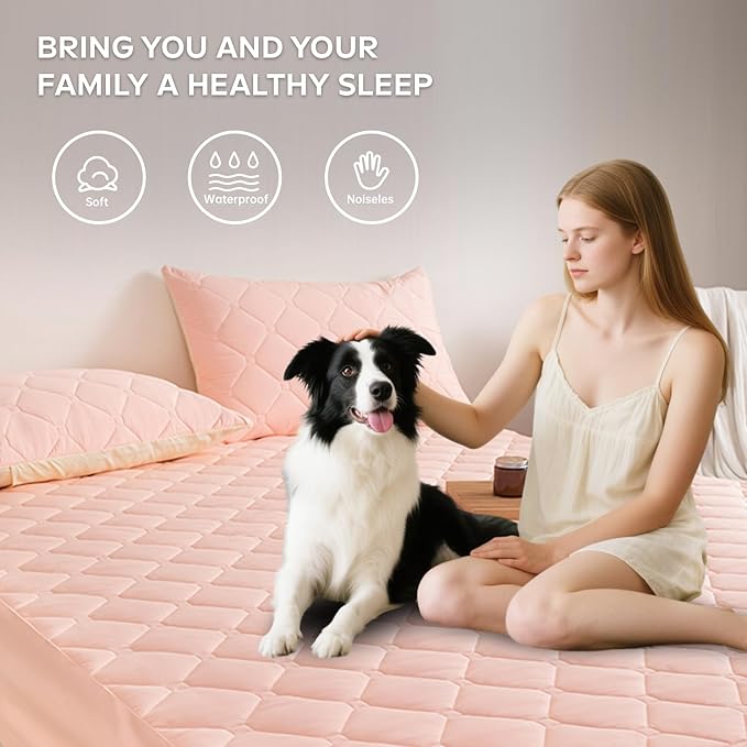Waterproof Mattress Protector Full, 18” Deep Pocket Fitted Mattress Topper+2pcs Pillow Cases - Leakproof, Oeko-TEX Certified, Breathable & Noiseless,Machine Washable (Pink)