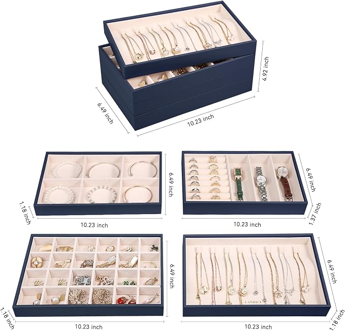 LANDICI Stackable Jewelry Organizer Trays 4 Set,PU Leather Jewelry Organizer Drawer,Jewelry Storage Display Tray for Earring Necklace Rings Bracelet with Removable Dividers,Dark Blue - Image 4