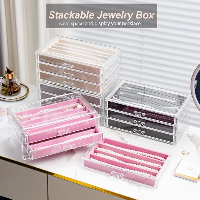YUFONG Necklace Holder Organizer, Dustproof Necklace Box Velvet Necklace Organizer Box with Lid Clear Acrylic Dustproof Stackable Jewelry Displays for Necklaces Chain Display (Pink, 3 Drawer) - Image 7