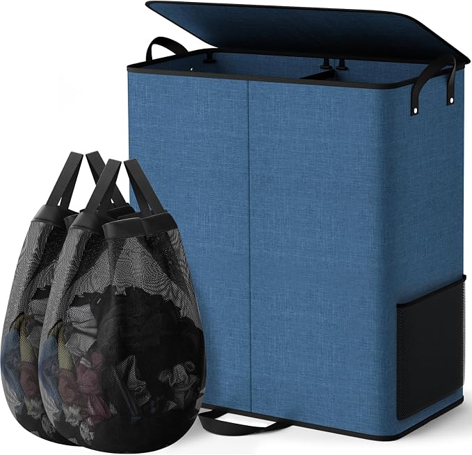 Large Double Laundry Hamper with Lid, Removable Bags & Reinforced Handles, 2 Section Tall Laundry Basket, Dirty Clothes Hampers for Laundry Room, Bedroom, Bathroom, Dorm, 155L, Blue by Unknown